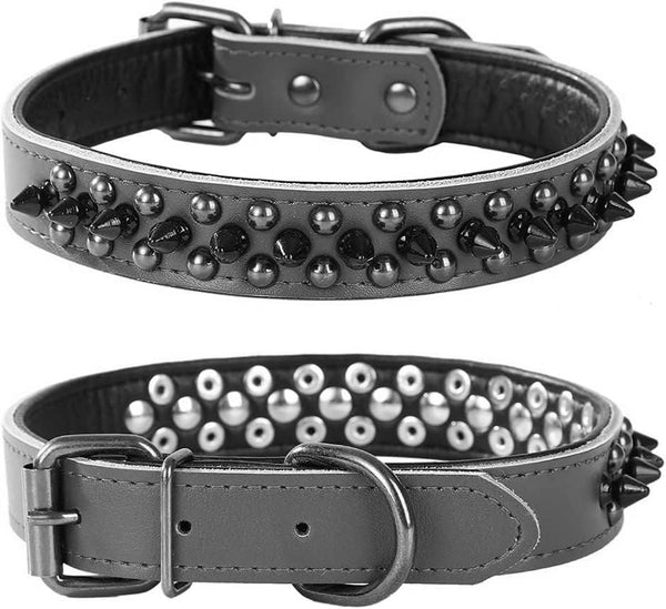 Adjustable Genuine Leather Spiked Studded Dog Collars for Small Medium Large Pets like Pit Bull, Bulldog, Pugs (S,