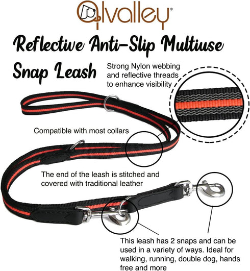Alvalley Reflective Anti-Slip Multi Use Snap Hands Free Dog Training Leash, Black, 6.5 ft Long, Durable Nylon