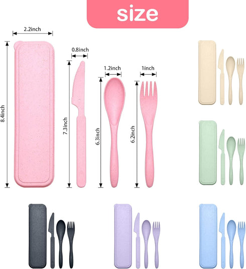 Reusable Travel Utensils Set with Case, 6 Sets Wheat Straw Portable Cutlery, Eco-Friendly BPA Free for Kids Adults