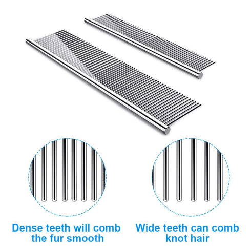 2 Pack Dog Combs with Rounded Ends, Stainless Steel Teeth for Grooming Long and Short Haired Pets