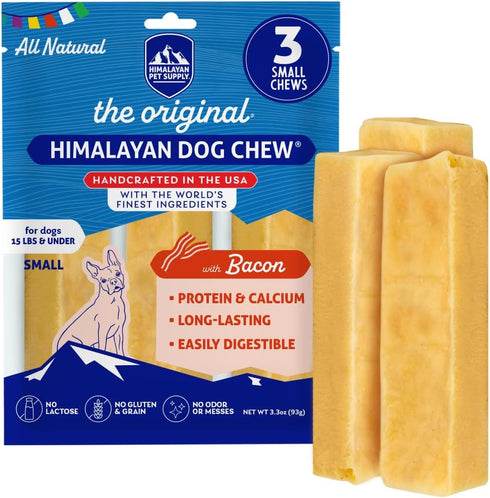 Himalayan Chew Original Yak Cheese Chew, Bacon, 3 Small Sticks, 1.1 oz, Gluten Free, Healthy Treats for Dogs