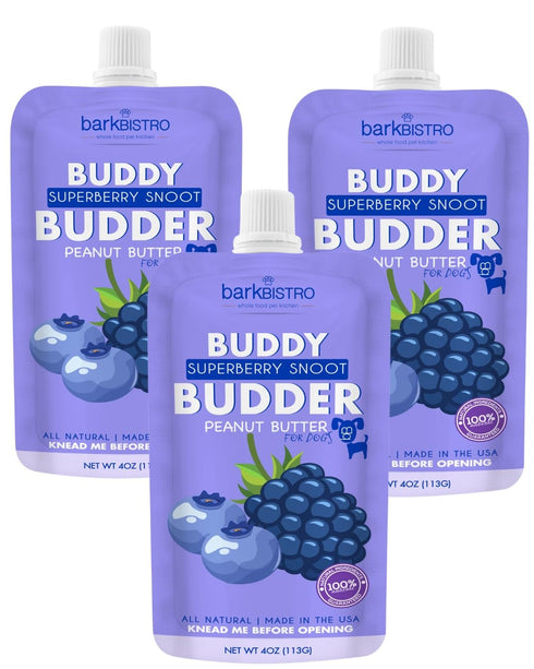 BUDDY BUDDER 3 Pack Superberry Snoot Squeeze Packs, 100% Natural Dog Peanut Butter, Made in USA, 4oz Packs