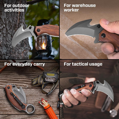 Pocket Karambit Knife with Wood Handle Clip, 440C Steel Sharp Raptor Claw Blade for Camping EDC