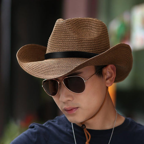 Straw Cowboy Hat, Men Women Summer Beach Panama Sun Hats Wide Brim Fedora UPF50+