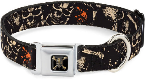 Buckle-Down Dog Collar, Seatbelt Buckle Pirates Skulls Scattered Black Tan Red, 18 to 32 Inches, 1.5 Inch Wide