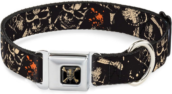 Buckle-Down Dog Collar, Seatbelt Buckle Pirates Skulls Scattered Black Tan Red, 18 to 32 Inches, 1.5 Inch Wide