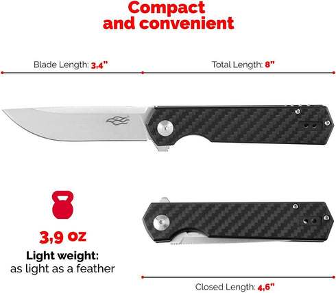 GANZO Firebird FH11 Pocket Folding Knife, D2 Steel Flip Blade with Carbon Fiber Handle for Hunting Camping