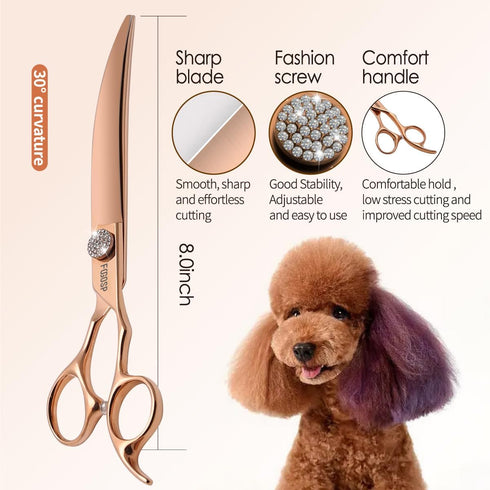 Rose Gold Titanium Curved Dog Grooming Scissors 8'' - Downward 30° with Jewelled Screw, Professional Trimming Shears