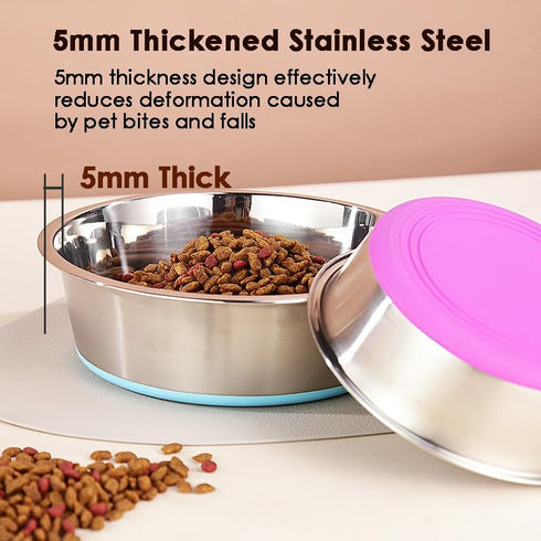 5mm Thick Stainless Steel Dog Bowls, Non-Slip with Silicone Base Cat Dishes, 8 Cups Food Grade BPA Free, Less Sliding, Premium Water and Food Pat bowls for Cat and Dog, Easy to Clean, 2 Pack