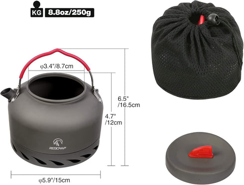 REDCAMP 1.4L Outdoor Camping Kettle with Heat Exchanger, Lightweight Aluminum Tea Kettle with Carrying Bag