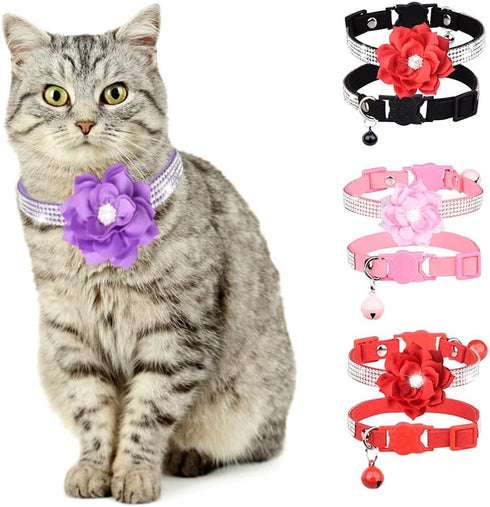 Pimaodog Rhinestones Dog Collar, Cute Dazzling Soft Suede Leather Pet Collar with Bell, Red Crystal Jeweled Necklace