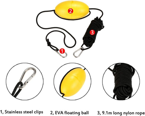 MOOCY 30 ft. Marine Rope Tow Line, Buoy Ball Float Leash & Stainless Steel Hook for Fishing Drift Anchors System