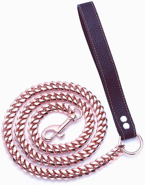 Rose Gold Dog Chain Leash - 10MM 14MM Curb Cuban Link, Strong Chew Proof Stainless Steel, 3FT/4FT/5FT for Small Medium