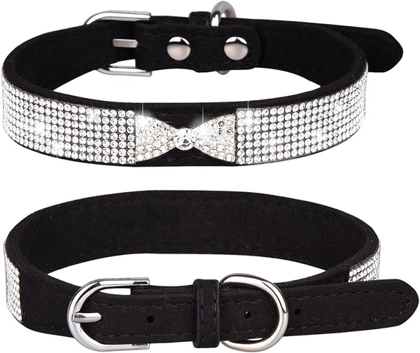 Haoyueer Rhinestone Dog Collar | Cute Dazzling Soft Suede Leather Collar for Dogs and Cats (S, Black-2)