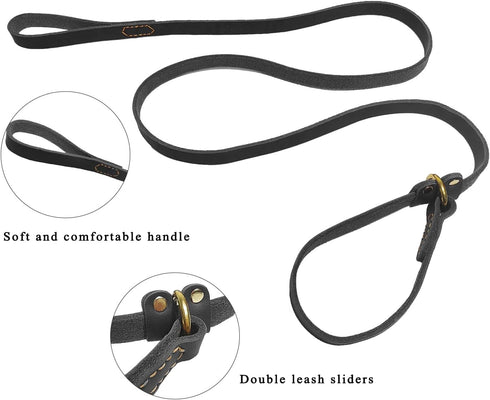 5.6ft Real Leather Slip Lead Dog Leash, Soft Adjustable Training Leash for Small Medium Large Dogs, Black