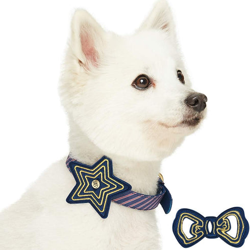 Blueberry Pet Adjustable Dog Collar with Metal Buckle and 2 Detachable Bowtie, Blue Asymmetric Stripe