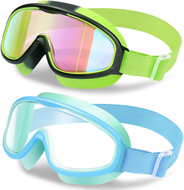 Vvinca 2pc Kids-Goggles, Wide View Anti Fog UV Shattered Lens Swim Goggles for Toddlers 3-14