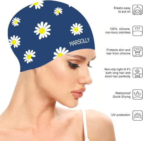 Silicone Swim Cap for Women, Waterproof Long Hair Swimming Cap with Flower Print