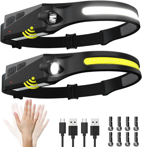 Rechargeable Headlamp 2-Pack, 230° Wide Beam LED Headlamps with Motion Sensor, 5 Modes, Waterproof for Camping
