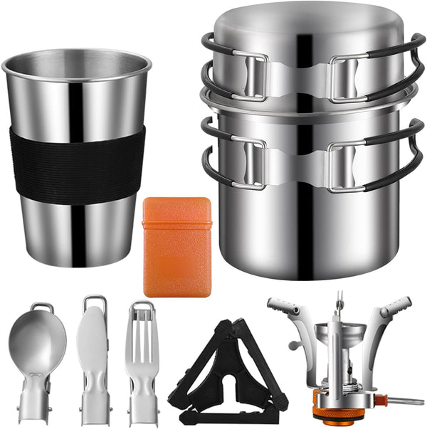Stainless Steel Camping Cookware Mess Kit, Backpacking Cooking Set with Mini Stove for Outdoor Use