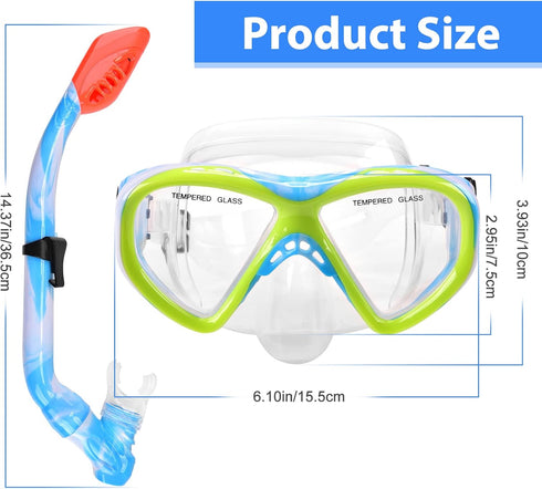 Kids Snorkel Set, Dry Top Snorkeling Gear for Youth Boys Girls Age 5-15, Tempered Glass Mask and Snorkel