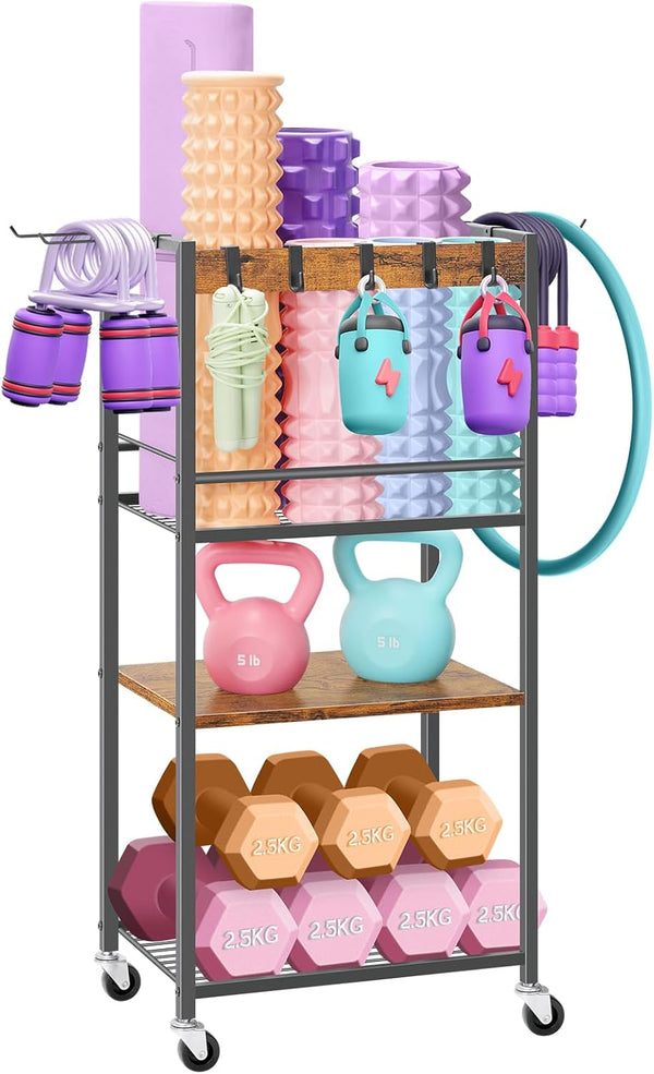 Home Gym Storage Rack - Heavy Duty Yoga Mat Holder with Hooks & Wheels for Dumbbells and Fitness Equipment