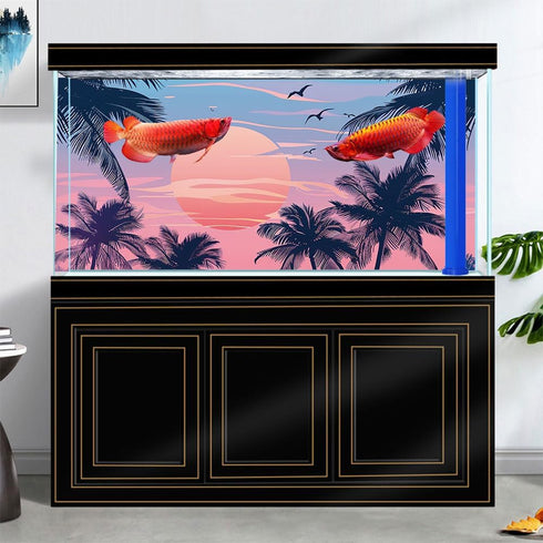 Watercolor Graffiti Hawaiian Beach Palm Tree Aquarium Background, 72X24IN, Anime Themed Crawling Terrarium Background