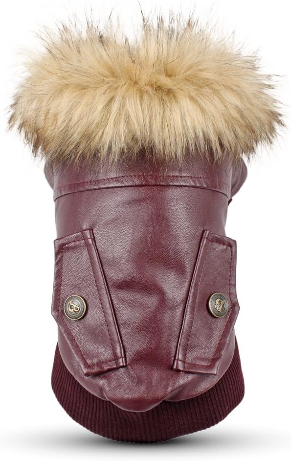 LESYPET Dog Leather Jacket for Small Dogs, Small Dog Coat Double Layer with Warm Fleece Lined, Red Medium