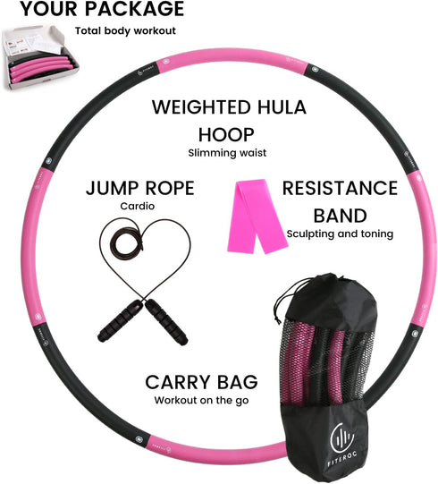 Weighted Fitness Hula Hoop for Adults - Detachable and Portable with Jump Rope, Resistance Band, and Carry Bag