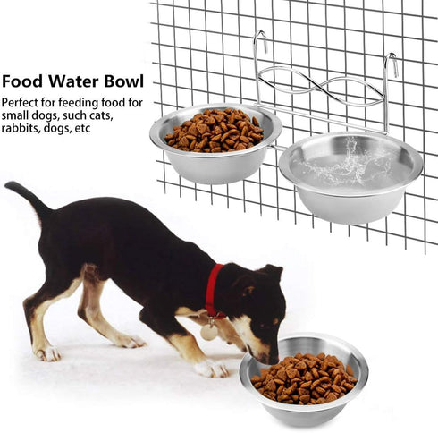 Stainless Steel Dual Hanging Food Water Bowl Feeder with Hook for Cat, Dog, Puppy Crate, Cage, and Kennel