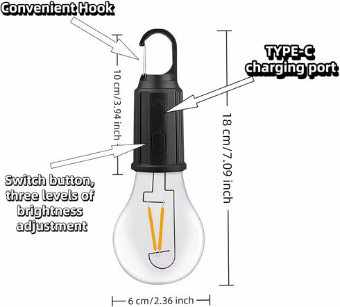 Chinshwehaw 3 1PCS) (T01) Portable LED Camping LanternHang Anywhere Hook, USB-C Rechargeable, Brightness Modes, Water