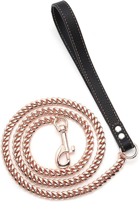 Rose Gold Heavy Duty Chain Dog Leash, 3FT/4FT/5FT Stainless Steel, Leather Handle, for Large Medium Small Dogs (10mm,