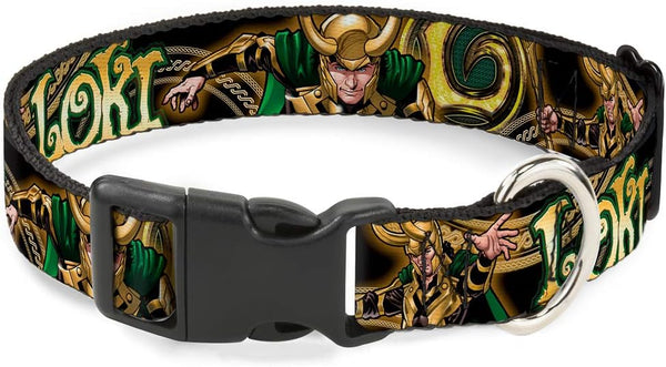 Dog Collar Plastic Clip Loki Poses, Black Gold Green, 16 to 23 Inches, 1.5 Inch Wide