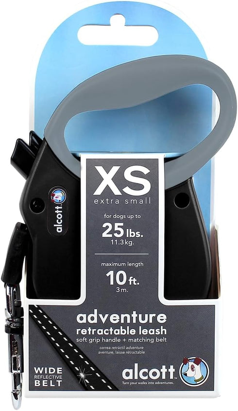 Alcott Adventure Reflective Belt Leash – 10 Feet, Extra Small for Dogs up to 25 lbs, Black with Grey Soft Grip Handle
