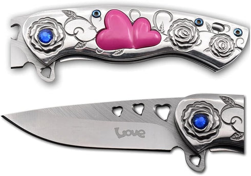 Snake Eye Tactical 7" Cupid Heart Ladies Valentines day Pocket Knife with LOVE Pocket Clip Included (Silver) by Snake Eye Tactical