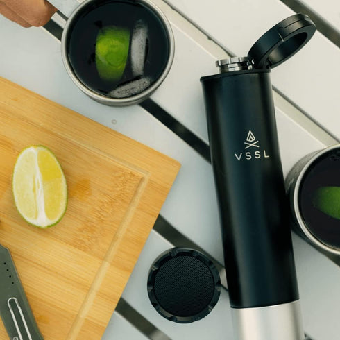 VSSL Insulated Flask with True Wireless Speaqua Speaker, Stainless Steel, USB-C Recharge, Cord Included