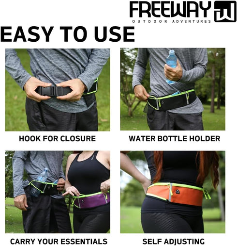 FREEWAY Multifunction Running Bag - Sports Belt with Water Bottle Holder & Zipper - for Men & Women (GREEN)