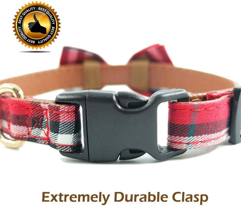 Dog Collar Bowtie - Cute Plaid Sturdy Soft Material & Leather for Small Medium Large Dogs, Adjustable 18 Colors, 3