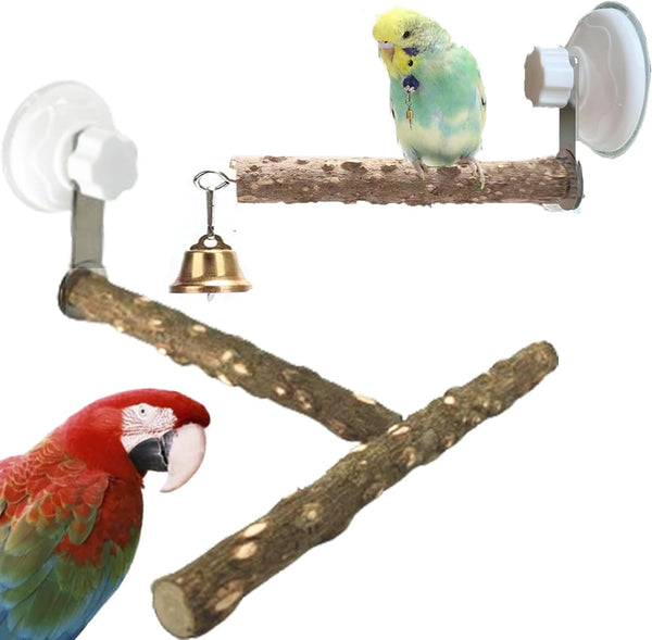 Natural Bird Perch Stand with Suction Cup, Wood Training Perch for Small Medium Large Parrots, T Shape