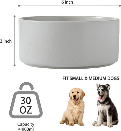 6'' Ceramic Dog Bowl - 30Oz Classic Dog Food and Water Bowl for Small and Medium Dogs, Heavy Duty Non-Slip Dish, Grey