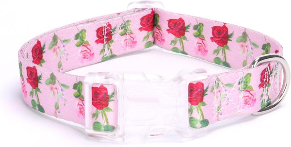 Floral Print Puppy Dog Collar with Quick Release Buckle for Small Medium Large Dogs, Soft Nylon (M, Roses)