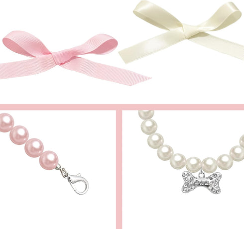 2 Pcs Dog Cat Pearl Collar Necklace, Fancy Rhinestone Bone Jewelry for Girl Cat Puppy Dogs (Pink+White)