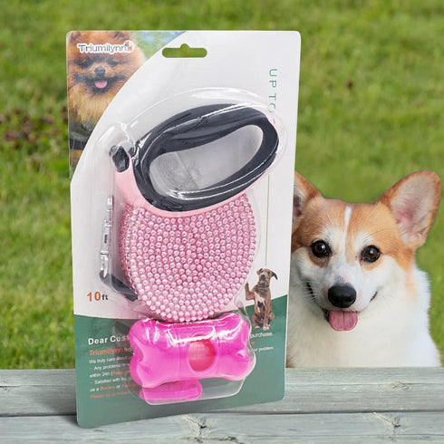 Triumilynn Rhinestone Retractable Dog Leash, 10ft Bling Cat Walking Leash Pink, Gift Waste Bags Dispenser Included