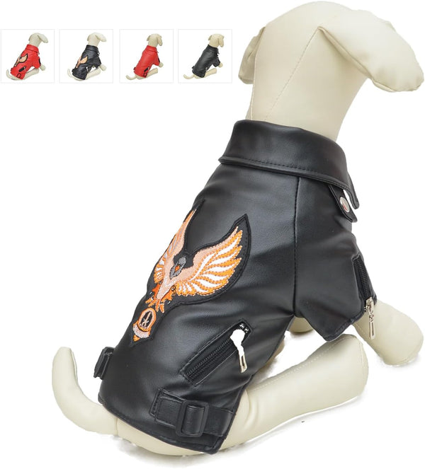 Lovelonglong Black Eagle Embroidery Dog Leather Jacket, Warm Coats for Large Medium Small Dogs, XL