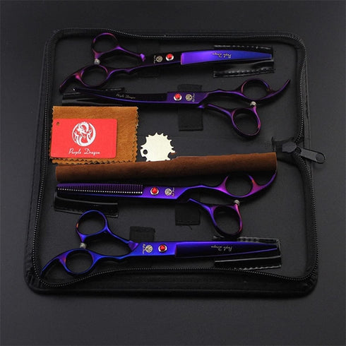 7.0 inch 4PCS Set Purple Dragon Professional Pet Grooming Scissors Kit Japan Premium Steel Straight & Curved & Thinning