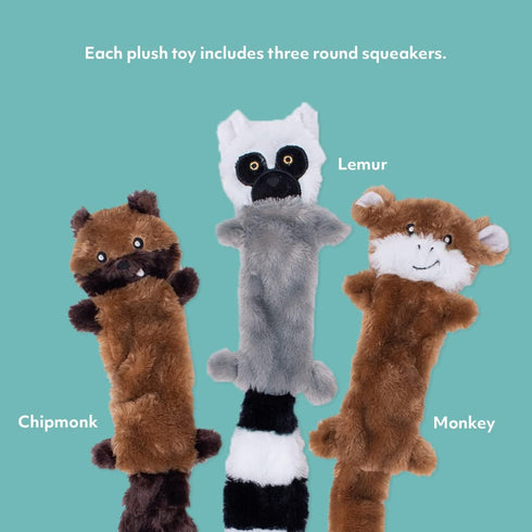 ZippyPaws Skinny Peltz - 18" Chipmunk, Lemur, Monkey No Stuffing Squeaky Dog Toys, Bulk Multi-Pack