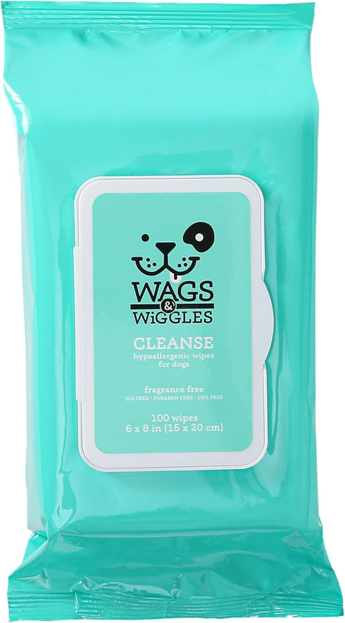 Wags & Wiggles Hypoallergenic Dog Wipes for Sensitive Skin, Fragrance Free Waterless Cleansing Towelettes for