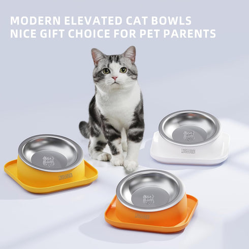 Tilted Cat Feeding Bowls, Whisker Friendly Raised Bowls for Indoor Cats, 3 in 1 Combined Design (Yellow)