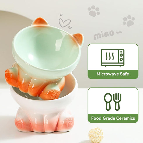 Elevated Cat Bowls, Whisker Friendly Tilted Ceramic Cat Bowls for Indoor Cats, Cute Gradient Color (White Pink)