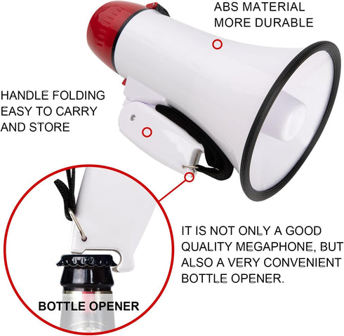 MyMealivos Portable Megaphone Bullhorn, 20 Watt Power Speaker with Voice and Siren Modes, Volume Control (White & Red)